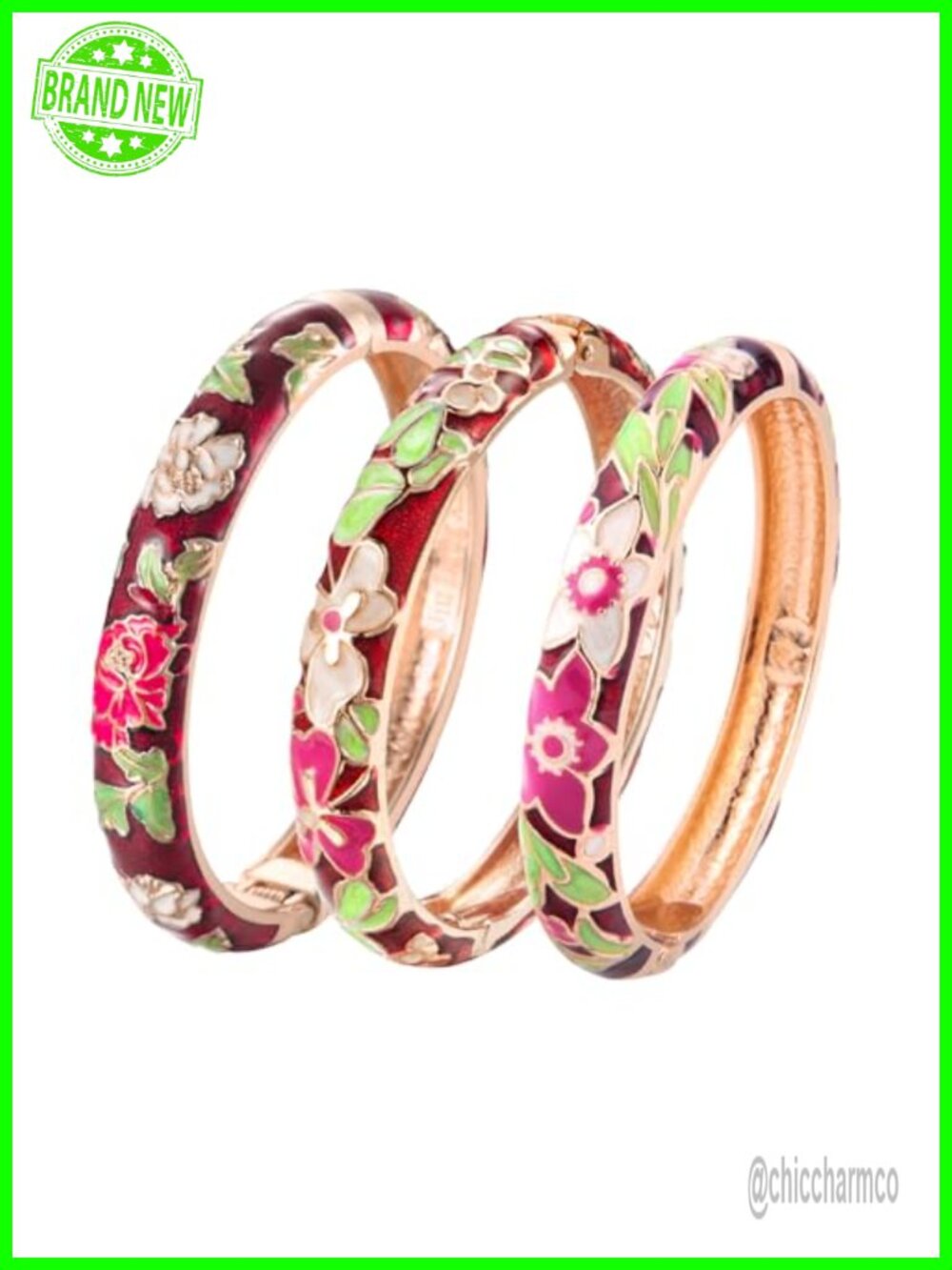 Cloisonne Enamel Hinged Cuff Bangle Bracelets Gold Plated Floral Set